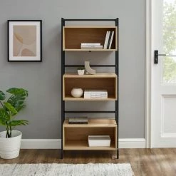 64 in. Coastal Oak/Black Wood Modern 6-Shelf Bookcase with Cubbies by Welwick Designs -Deals Welwick Designs Store coastal oak black welwick designs bookcases bookshelves hd9440 c3 1000