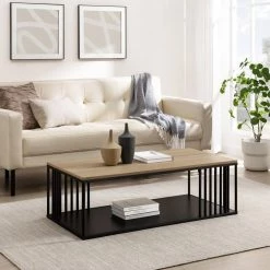 43 in. Coastal Oak/Black Metal and Rectangle Wood Industrial Coffee Table with Bar Details by Welwick Designs -Deals Welwick Designs Store coastal oak black welwick designs coffee tables hd9478 31 1000