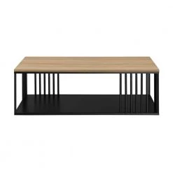 43 in. Coastal Oak/Black Metal and Rectangle Wood Industrial Coffee Table with Bar Details by Welwick Designs