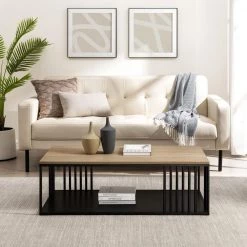 43 in. Coastal Oak/Black Metal and Rectangle Wood Industrial Coffee Table with Bar Details by Welwick Designs -Deals Welwick Designs Store coastal oak black welwick designs coffee tables hd9478 c3 1000