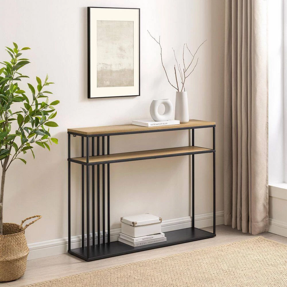 41 in. Coastal Oak/Black Rectangle Metal and Wood Industrial 2-Tier Console Table with Bar Details by Welwick Designs 10 41 in. Coastal Oak/Black Rectangle Metal and Wood Industrial 2-Tier Console Table with Bar Details by Welwick Designs - Image 10