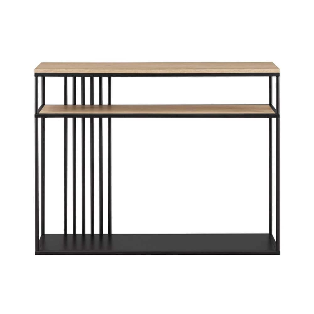 41 in. Coastal Oak/Black Rectangle Metal and Wood Industrial 2-Tier Console Table with Bar Details by Welwick Designs 1 41 in. Coastal Oak/Black Rectangle Metal and Wood Industrial 2-Tier Console Table with Bar Details by Welwick Designs