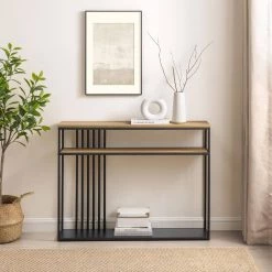 41 in. Coastal Oak/Black Rectangle Metal and Wood Industrial 2-Tier Console Table with Bar Details by Welwick Designs 16 41 in. Coastal Oak/Black Rectangle Metal and Wood Industrial 2-Tier Console Table with Bar Details by Welwick Designs -Deals Welwick Designs Store coastal oak black welwick designs console tables hd9477 c3 1000