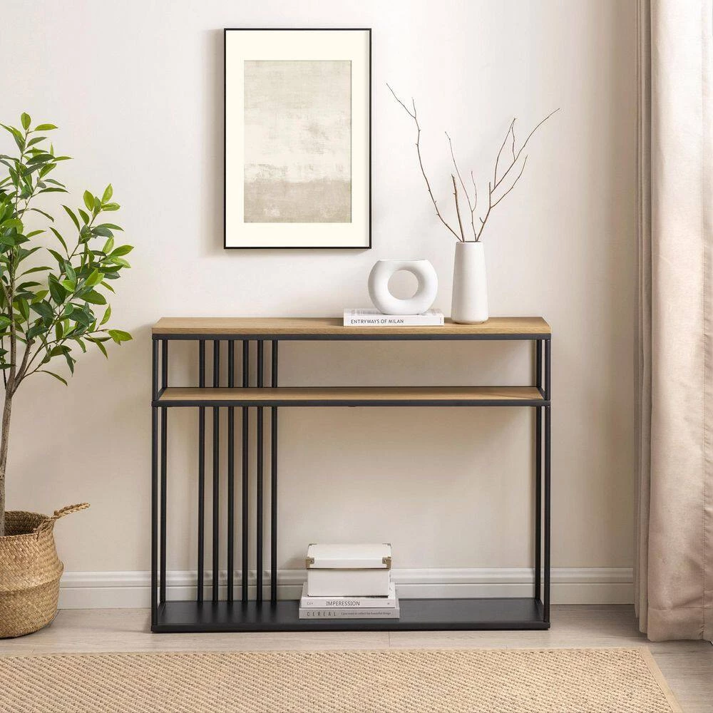 41 in. Coastal Oak/Black Rectangle Metal and Wood Industrial 2-Tier Console Table with Bar Details by Welwick Designs 7 41 in. Coastal Oak/Black Rectangle Metal and Wood Industrial 2-Tier Console Table with Bar Details by Welwick Designs - Image 7