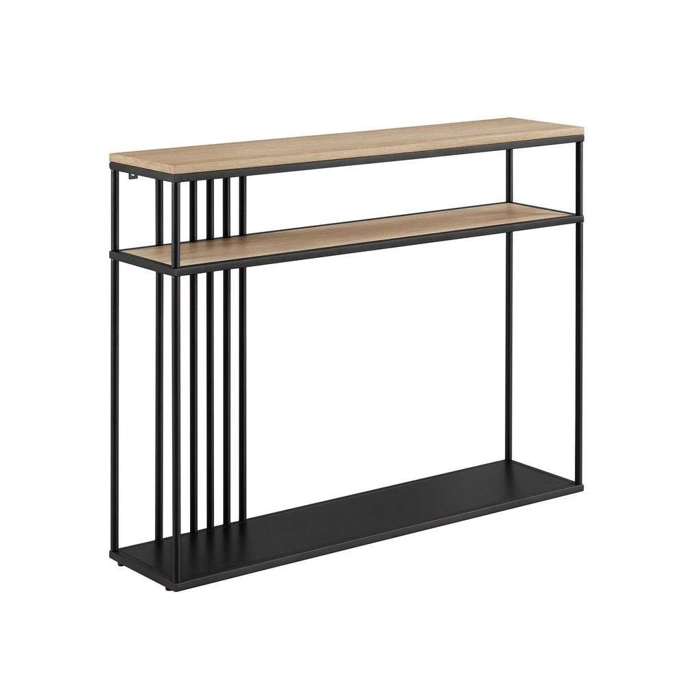 41 in. Coastal Oak/Black Rectangle Metal and Wood Industrial 2-Tier Console Table with Bar Details by Welwick Designs 2 41 in. Coastal Oak/Black Rectangle Metal and Wood Industrial 2-Tier Console Table with Bar Details by Welwick Designs - Image 2