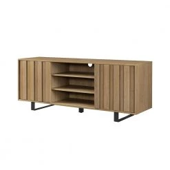 60 in. Coastal Oak Wood and Metal Modern Striped TV Stand with 2-Doors for TVs Up to 65 in. by Welwick Designs -Deals Welwick Designs Store coastal oak black welwick designs tv stands hd9368 1f 1000