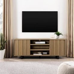 60 in. Coastal Oak Wood and Metal Modern Striped TV Stand with 2-Doors for TVs Up to 65 in. by Welwick Designs -Deals Welwick Designs Store coastal oak black welwick designs tv stands hd9368 31 1000