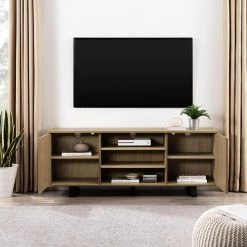 60 in. Coastal Oak Wood and Metal Modern Striped TV Stand with 2-Doors for TVs Up to 65 in. by Welwick Designs -Deals Welwick Designs Store coastal oak black welwick designs tv stands hd9368 77 1000