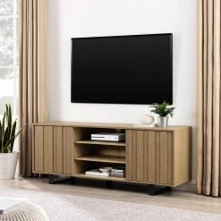 60 in. Coastal Oak Wood and Metal Modern Striped TV Stand with 2-Doors for TVs Up to 65 in. by Welwick Designs -Deals Welwick Designs Store coastal oak black welwick designs tv stands hd9368 c3 1000