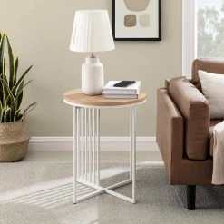21 in. Coastal Oak/White Metal and Wood Industrial Side Table with Bar Details by Welwick Designs -Deals Welwick Designs Store coastal oak welwick designs end side tables hd9390 31 1000