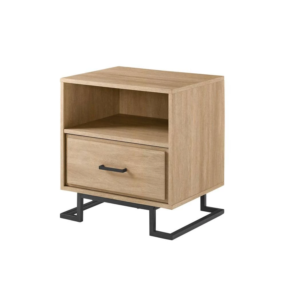 1-Drawer Coastal Oak Wood and Metal Modern L-Leg Nightstand by Welwick Designs 10 1-Drawer Coastal Oak Wood and Metal Modern L-Leg Nightstand by Welwick Designs - Image 10