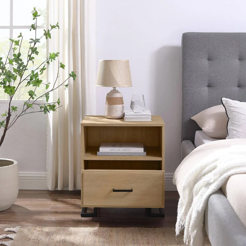 1-Drawer Coastal Oak Wood and Metal Modern L-Leg Nightstand by Welwick Designs 1 1-Drawer Coastal Oak Wood and Metal Modern L-Leg Nightstand by Welwick Designs