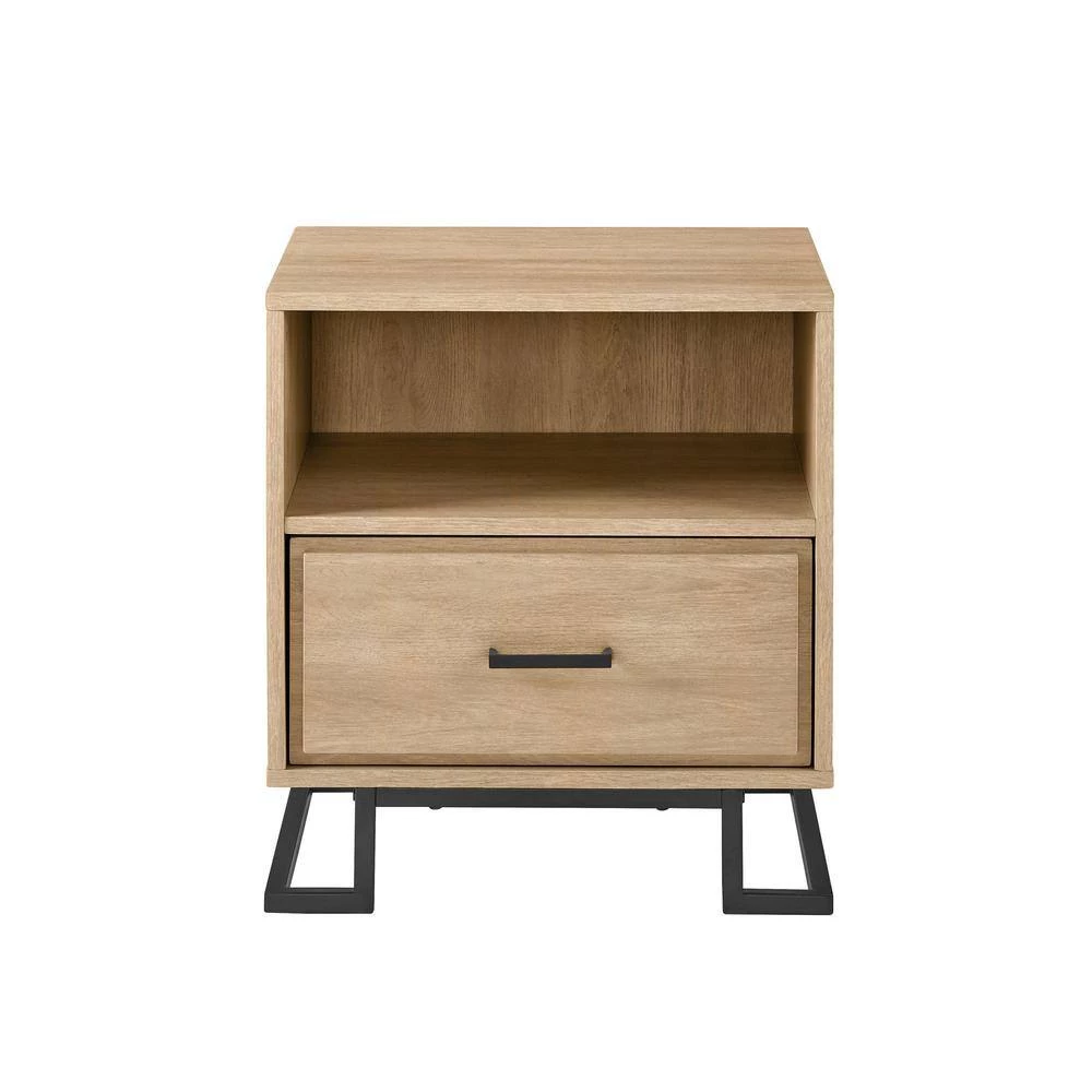 1-Drawer Coastal Oak Wood and Metal Modern L-Leg Nightstand by Welwick Designs 7 1-Drawer Coastal Oak Wood and Metal Modern L-Leg Nightstand by Welwick Designs - Image 7