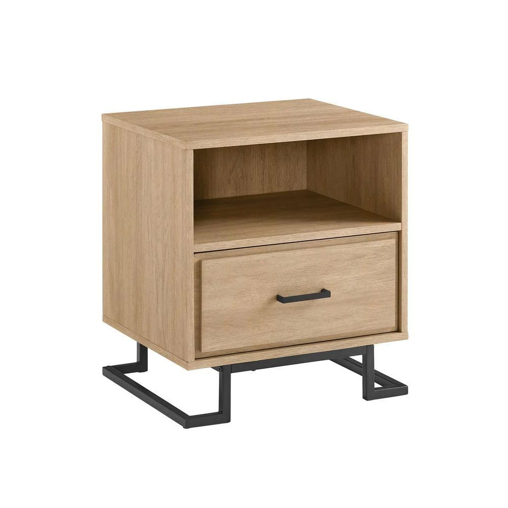 1-Drawer Coastal Oak Wood and Metal Modern L-Leg Nightstand by Welwick Designs 2 1-Drawer Coastal Oak Wood and Metal Modern L-Leg Nightstand by Welwick Designs - Image 2