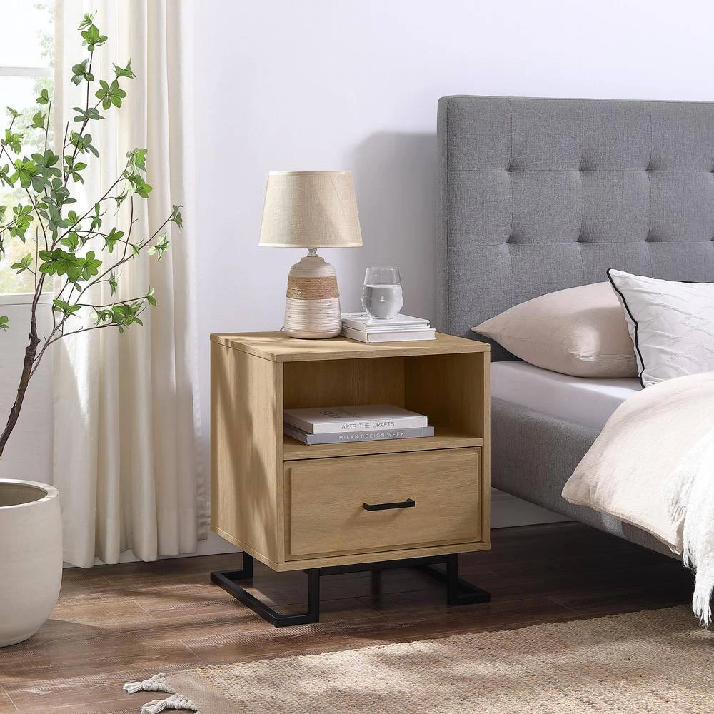 1-Drawer Coastal Oak Wood and Metal Modern L-Leg Nightstand by Welwick Designs 12 1-Drawer Coastal Oak Wood and Metal Modern L-Leg Nightstand by Welwick Designs - Image 12