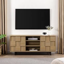 54.75 in. Coastal Oak Wood and Metal Modern Checkered TV Stand with 2 Sliding Doors for TVs Up to 55 in. by Welwick Designs -Deals Welwick Designs Store coastal oak welwick designs tv stands hd9366 31 1000