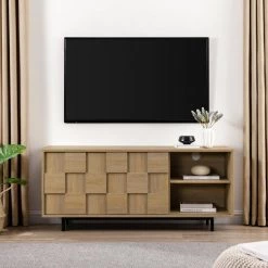 54.75 in. Coastal Oak Wood and Metal Modern Checkered TV Stand with 2 Sliding Doors for TVs Up to 55 in. by Welwick Designs -Deals Welwick Designs Store coastal oak welwick designs tv stands hd9366 77 1000