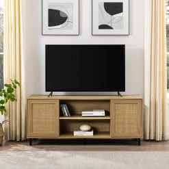 58 in. Coastal Oak Rattan and Wood Modern 2-Door TV Stand for TVs Up to 60 in. by Welwick Designs -Deals Welwick Designs Store coastal oak welwick designs tv stands hd9371 31 1000