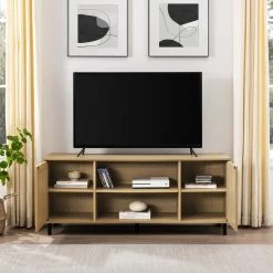 58 in. Coastal Oak Rattan and Wood Modern 2-Door TV Stand for TVs Up to 60 in. by Welwick Designs -Deals Welwick Designs Store coastal oak welwick designs tv stands hd9371 77 1000