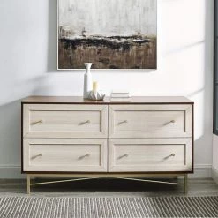 56 in. W. 4-Drawer Dark Walnut and White Poplar Wood Dresser with Gold Hardware by Welwick Designs