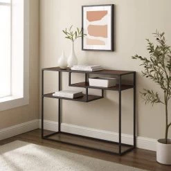 42 in. Dark Walnut/Black Metal Modern Rectangle Console Table with 2-Shelves by Welwick Designs