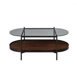 43 in. Dark Walnut/Black Wood Modern Oval Glass-Top Coffee Table with Shelf by Welwick Designs