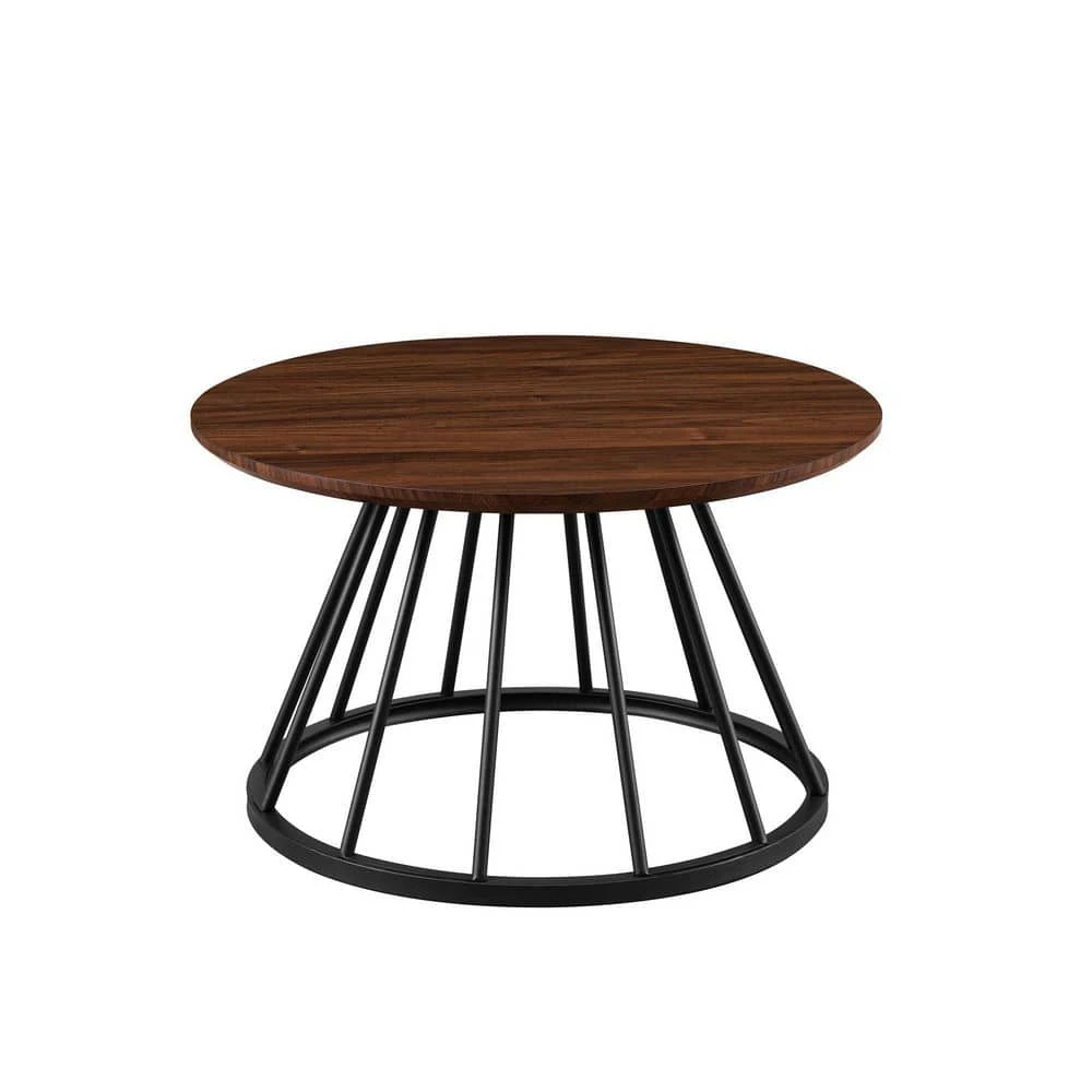 30 in. Dark Walnut/Black Modern Round Wood-Top Coffee Table with Metal Cage Base by Welwick Designs 1 30 in. Dark Walnut/Black Modern Round Wood-Top Coffee Table with Metal Cage Base by Welwick Designs