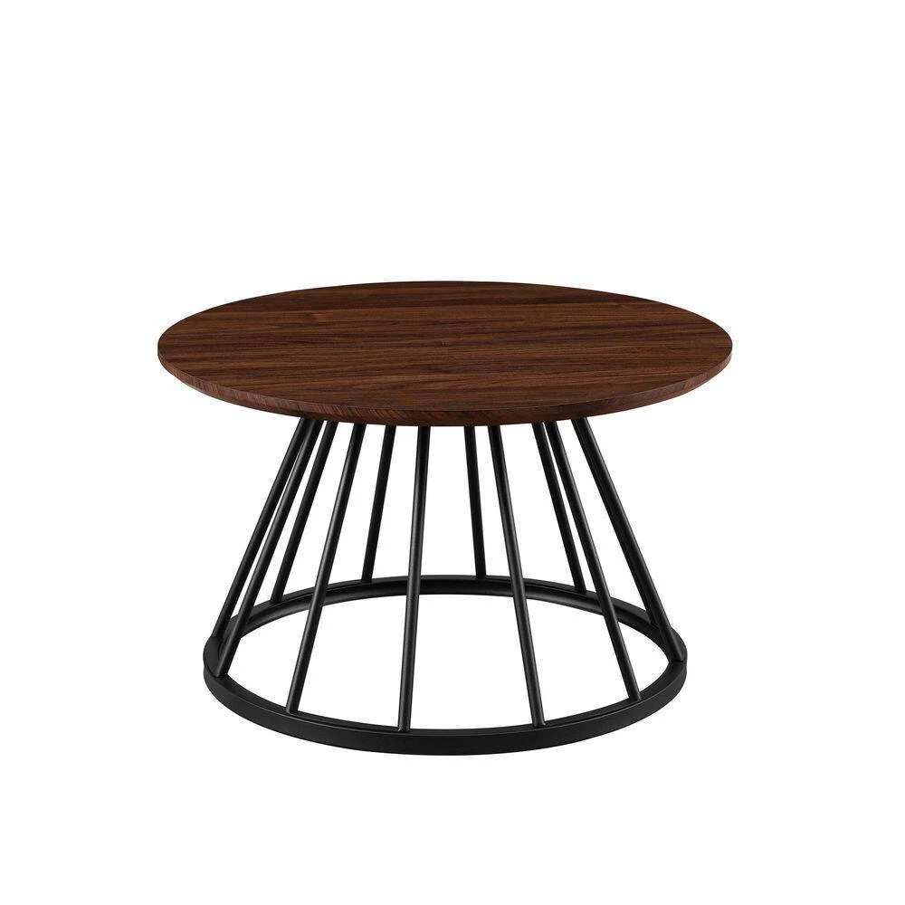 30 in. Dark Walnut/Black Modern Round Wood-Top Coffee Table with Metal Cage Base by Welwick Designs 6 30 in. Dark Walnut/Black Modern Round Wood-Top Coffee Table with Metal Cage Base by Welwick Designs - Image 6