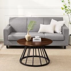 30 in. Dark Walnut/Black Modern Round Wood-Top Coffee Table with Metal Cage Base by Welwick Designs 16 30 in. Dark Walnut/Black Modern Round Wood-Top Coffee Table with Metal Cage Base by Welwick Designs -Deals Welwick Designs Store dark walnut black welwick designs coffee tables hd9472 c3 1000