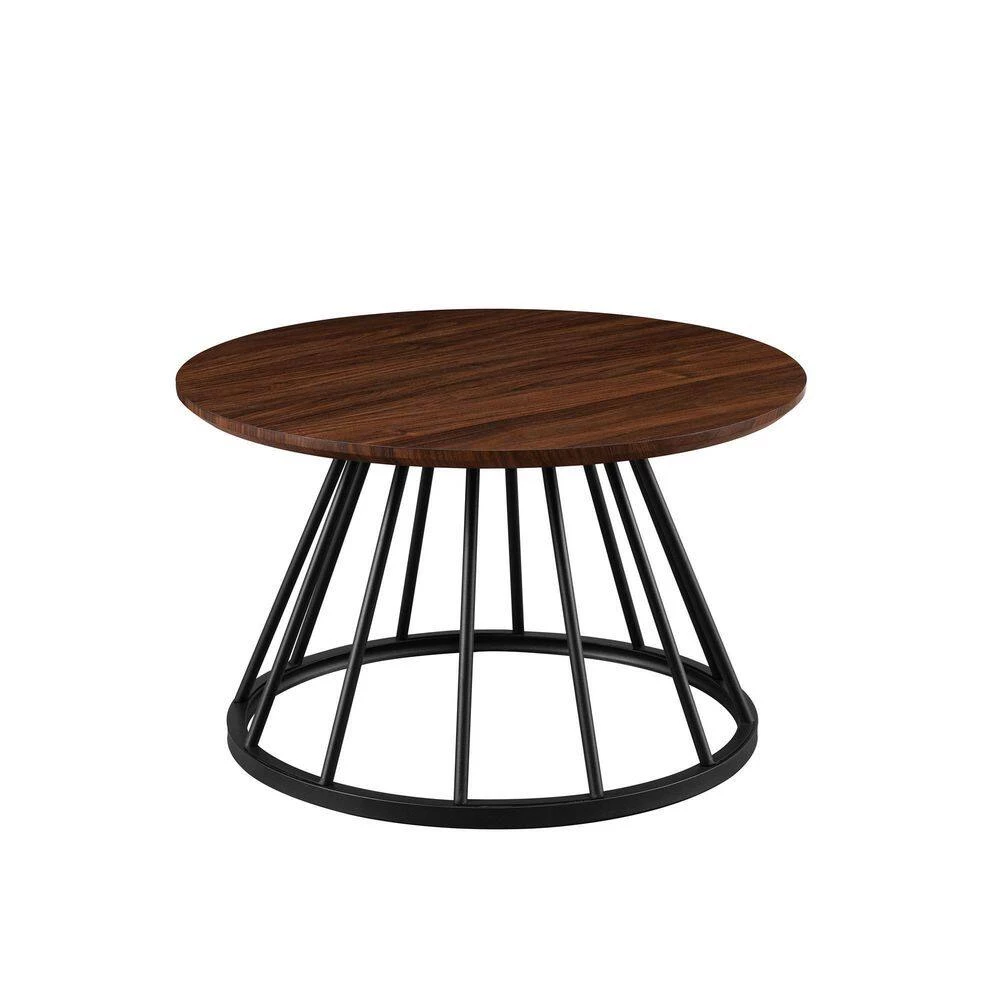 30 in. Dark Walnut/Black Modern Round Wood-Top Coffee Table with Metal Cage Base by Welwick Designs 2 30 in. Dark Walnut/Black Modern Round Wood-Top Coffee Table with Metal Cage Base by Welwick Designs - Image 2