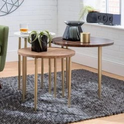 3-Piece 24 in. Dark Walnut/Gold Medium Round Composite Coffee Table Set with Nesting Tables by Welwick Designs -Deals Welwick Designs Store dark walnut gold legs welwick designs coffee tables hd8429 31 1000