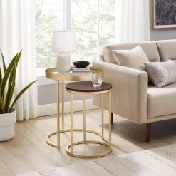 2-Piece Glass and Wood Dark Walnut Round Nesting Side Table Set by Welwick Designs -Deals Welwick Designs Store dark walnut gold welwick designs nesting tables hd9480 31 1000