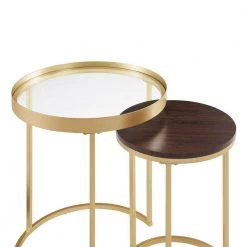 2-Piece Glass and Wood Dark Walnut Round Nesting Side Table Set by Welwick Designs -Deals Welwick Designs Store dark walnut gold welwick designs nesting tables hd9480 4f 1000