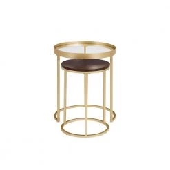 2-Piece Glass and Wood Dark Walnut Round Nesting Side Table Set by Welwick Designs