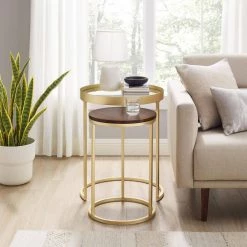 2-Piece Glass and Wood Dark Walnut Round Nesting Side Table Set by Welwick Designs -Deals Welwick Designs Store dark walnut gold welwick designs nesting tables hd9480 c3 1000