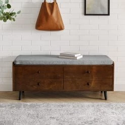 19 In. Dark Walnut and Gray Wood Faux Drawer Storage Bench with Polyester Linen Cushion by Welwick Designs -Deals Welwick Designs Store dark walnut grey welwick designs dining benches hd8633 31 1000