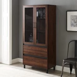 68" Glass Door Storage Hutch - Dark Walnut by Welwick Designs