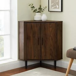 Dark Walnut Wood Modern 2-Door Corner Accent Cabinet by Welwick Designs