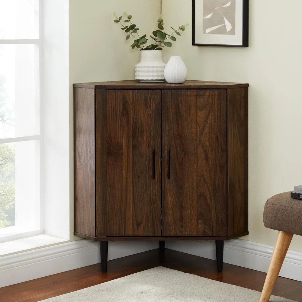 Dark Walnut Wood Modern 2-Door Corner Accent Cabinet by Welwick Designs 1 Dark Walnut Wood Modern 2-Door Corner Accent Cabinet by Welwick Designs