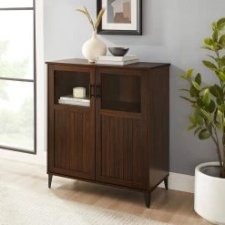 Dark Walnut Wood and Glass Transitional Grooved-Door Accent Cabinet with Adjustable Shelves by Welwick Designs