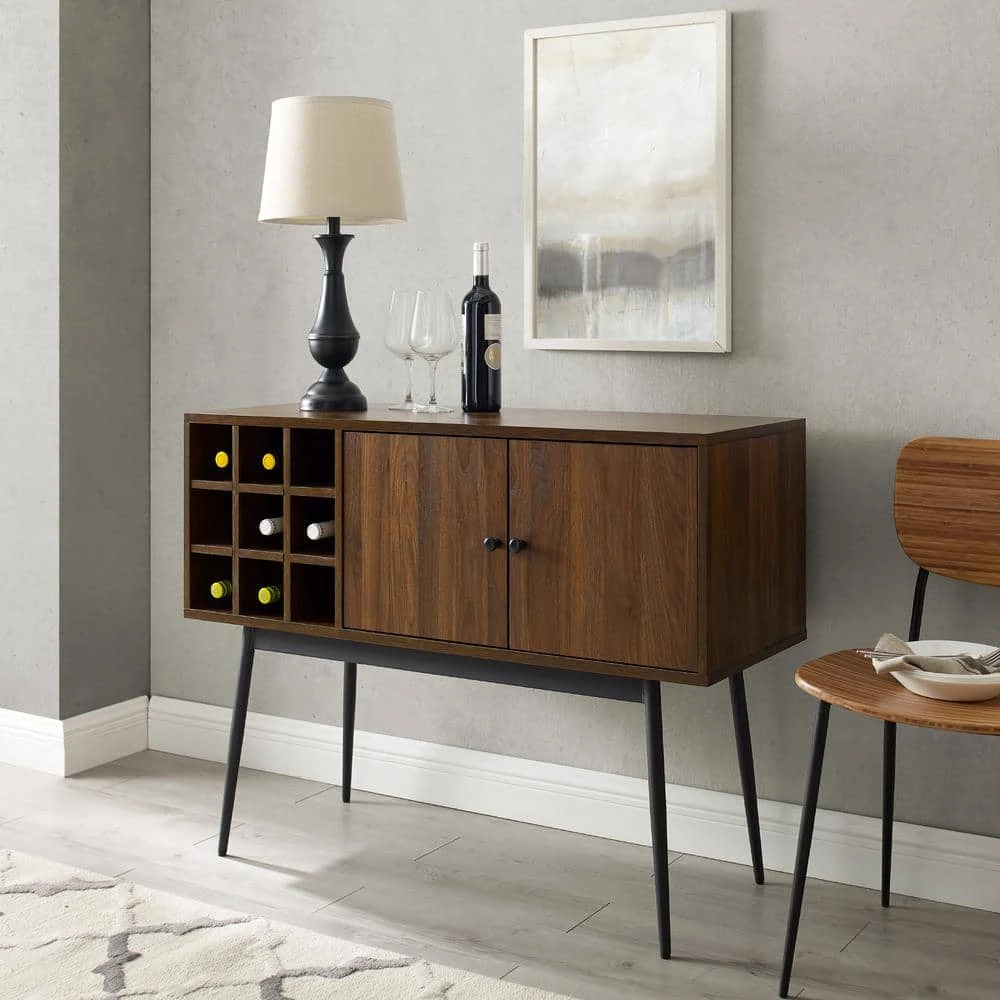 Dark Walnut Wood and Metal Bar Cabinet with Wine Bottle Storage by Welwick Designs 1 Dark Walnut Wood and Metal Bar Cabinet with Wine Bottle Storage by Welwick Designs