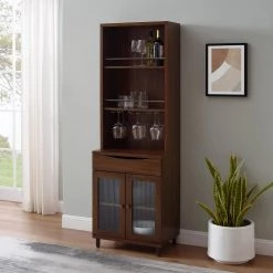 Dark Walnut Transitional Fluted-Door Bar Hutch with Stemware Racks by Welwick Designs -Deals Welwick Designs Store dark walnut welwick designs bar cabinets hd9378 c3 1000