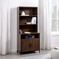 64 in. Dark Walnut Wood Modern Bookcase Hutch with Cabinet by Welwick Designs -Deals Welwick Designs Store dark walnut welwick designs bookcases bookshelves hd9201 77 1000