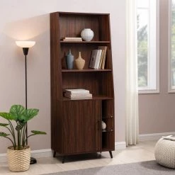 72 in. Dark Walnut Wooden 5-Shelf Modern Bookcase Hutch with Cabinet by Welwick Designs -Deals Welwick Designs Store dark walnut welwick designs bookcases bookshelves hd9453 31 1000