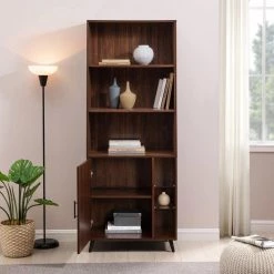 72 in. Dark Walnut Wooden 5-Shelf Modern Bookcase Hutch with Cabinet by Welwick Designs -Deals Welwick Designs Store dark walnut welwick designs bookcases bookshelves hd9453 77 1000