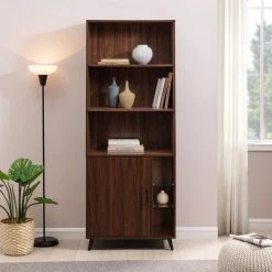 72 in. Dark Walnut Wooden 5-Shelf Modern Bookcase Hutch with Cabinet by Welwick Designs -Deals Welwick Designs Store dark walnut welwick designs bookcases bookshelves hd9453 c3 1000