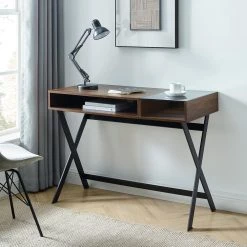 42 in. Rectangle Dark Walnut Wood and Glass X-Leg Computer Desk with 2-Cubbies by Welwick Designs