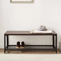 48 in. Dark Walnut Industrial Angle Iron Entry Bench by Welwick Designs