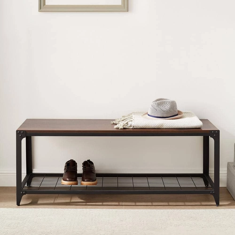 48 in. Dark Walnut Industrial Angle Iron Entry Bench by Welwick Designs 1 48 in. Dark Walnut Industrial Angle Iron Entry Bench by Welwick Designs