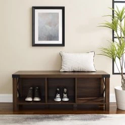 48 in. Dark Walnut Wood and Metal Farmhouse Metal-X Bench with 3 Cubbies (18 in. H x 47.75 in. W x 15 in. D) by Welwick Designs